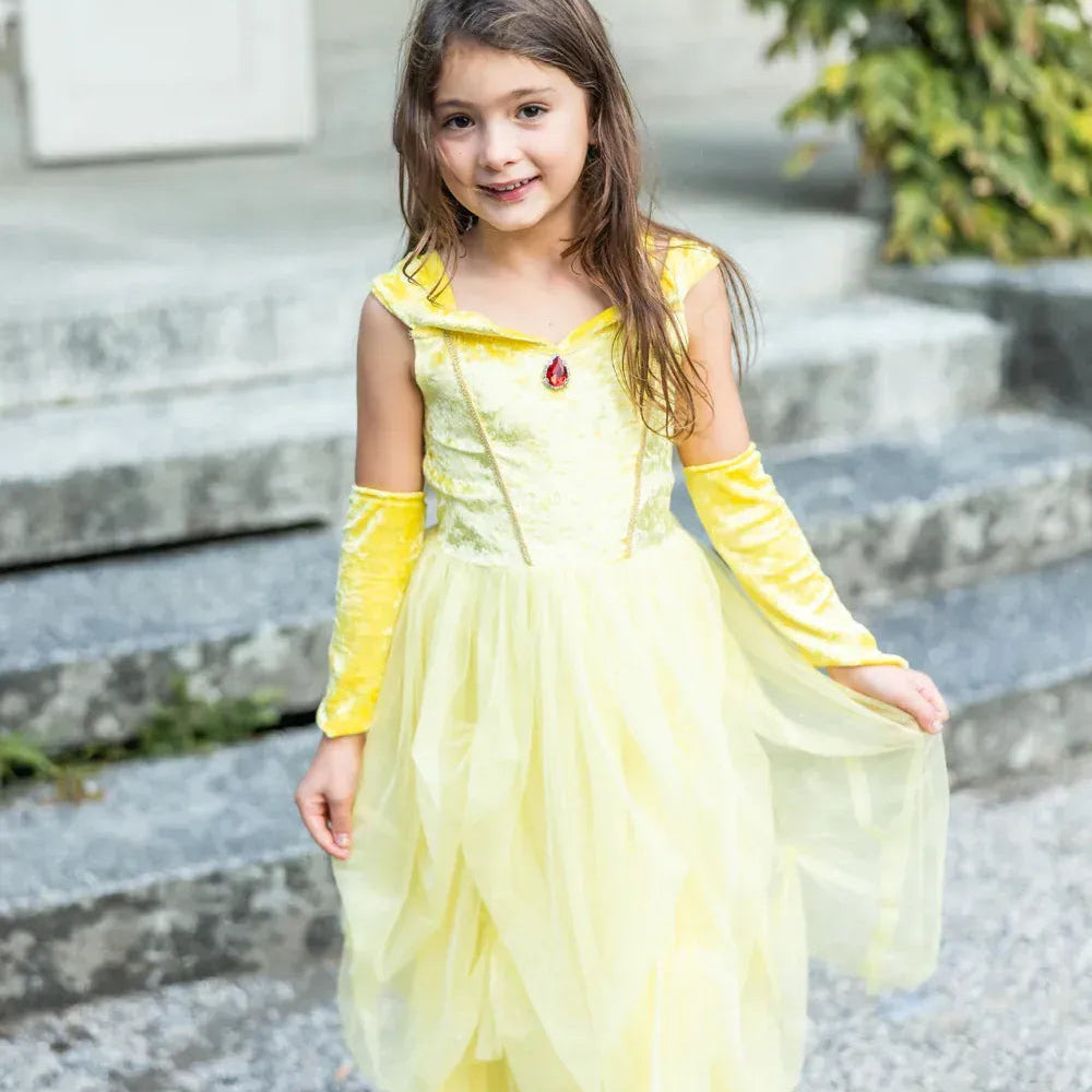 Velvety Soft Yellow Princess Gown with Arm Warmers