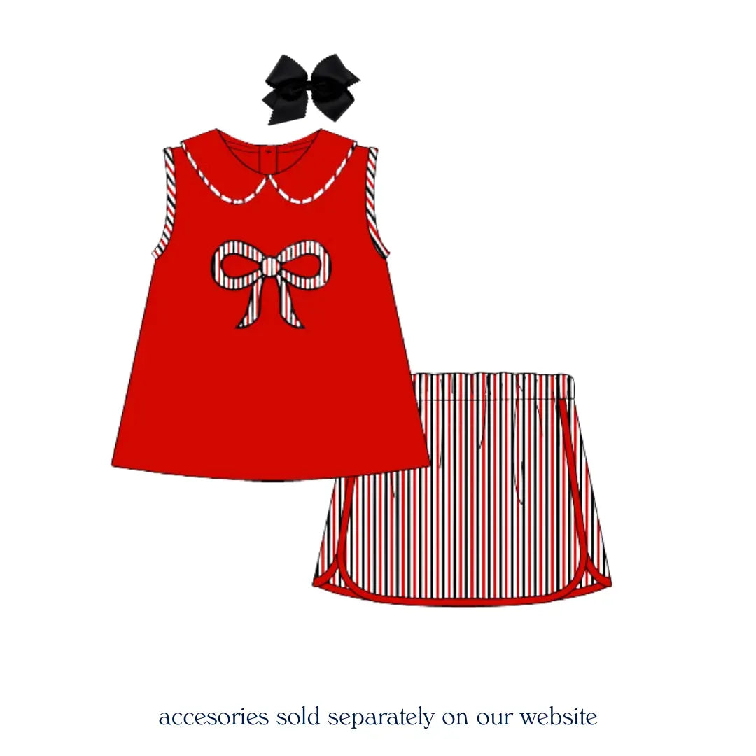 Red & Black Striped Bow Skort Set