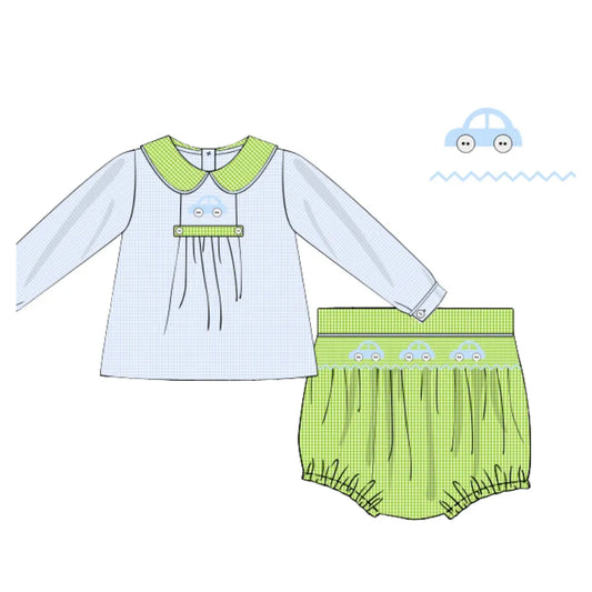 Blue & Green Smocked Cars Diaper Set