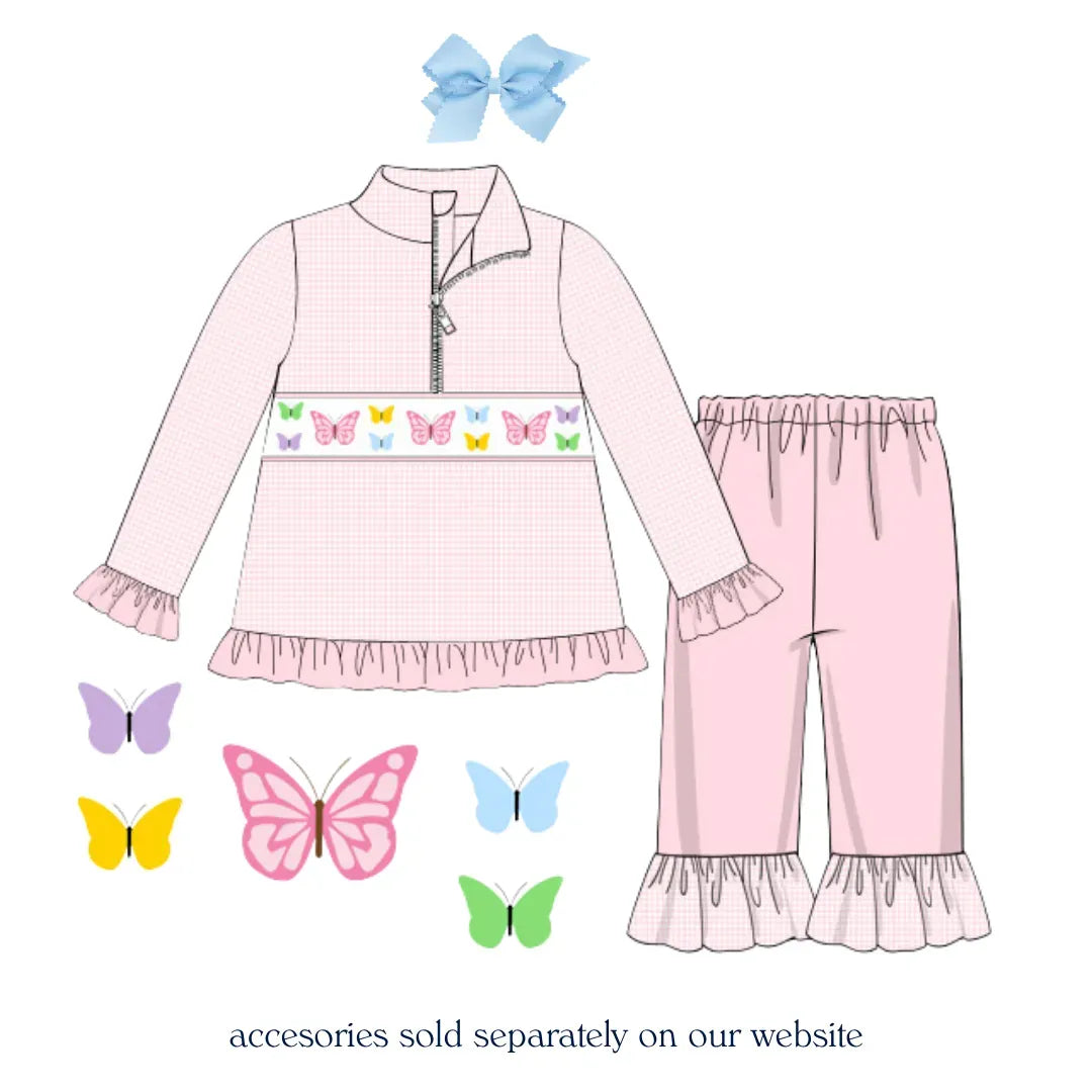 Pink Butterflies Smocked Pant Set