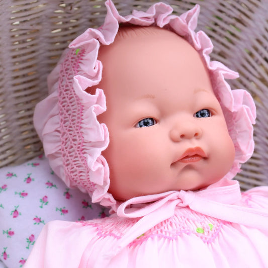 Rosalina Emma Bald with Blue Eyes 15" Doll w/ Pink Roselle Smocked Doll Dress & Bonnet