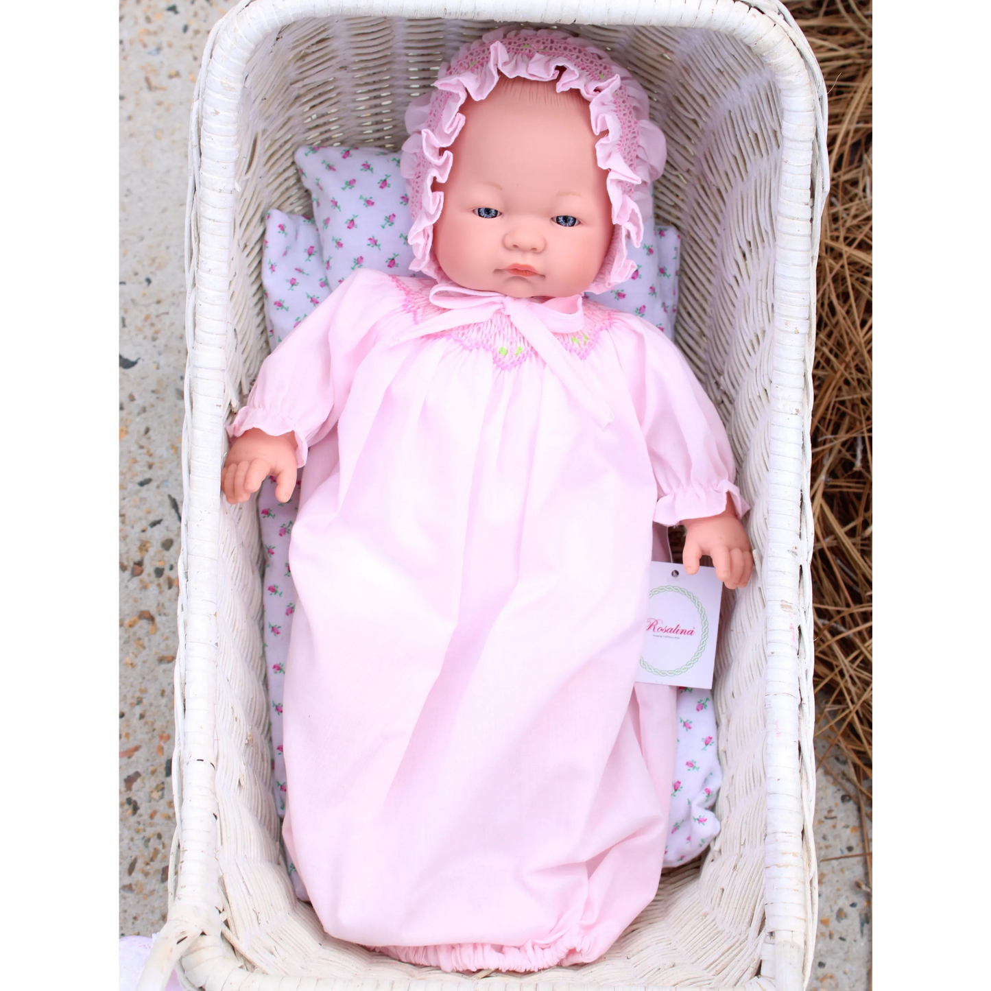 Rosalina Emma Bald with Blue Eyes 15" Doll w/ Pink Roselle Smocked Doll Dress & Bonnet