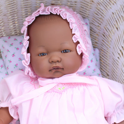 Rosalina Anita Bald with Brown Eyes 15" Doll w/ Pink Roselle Smocked Doll Dress & Bonnet