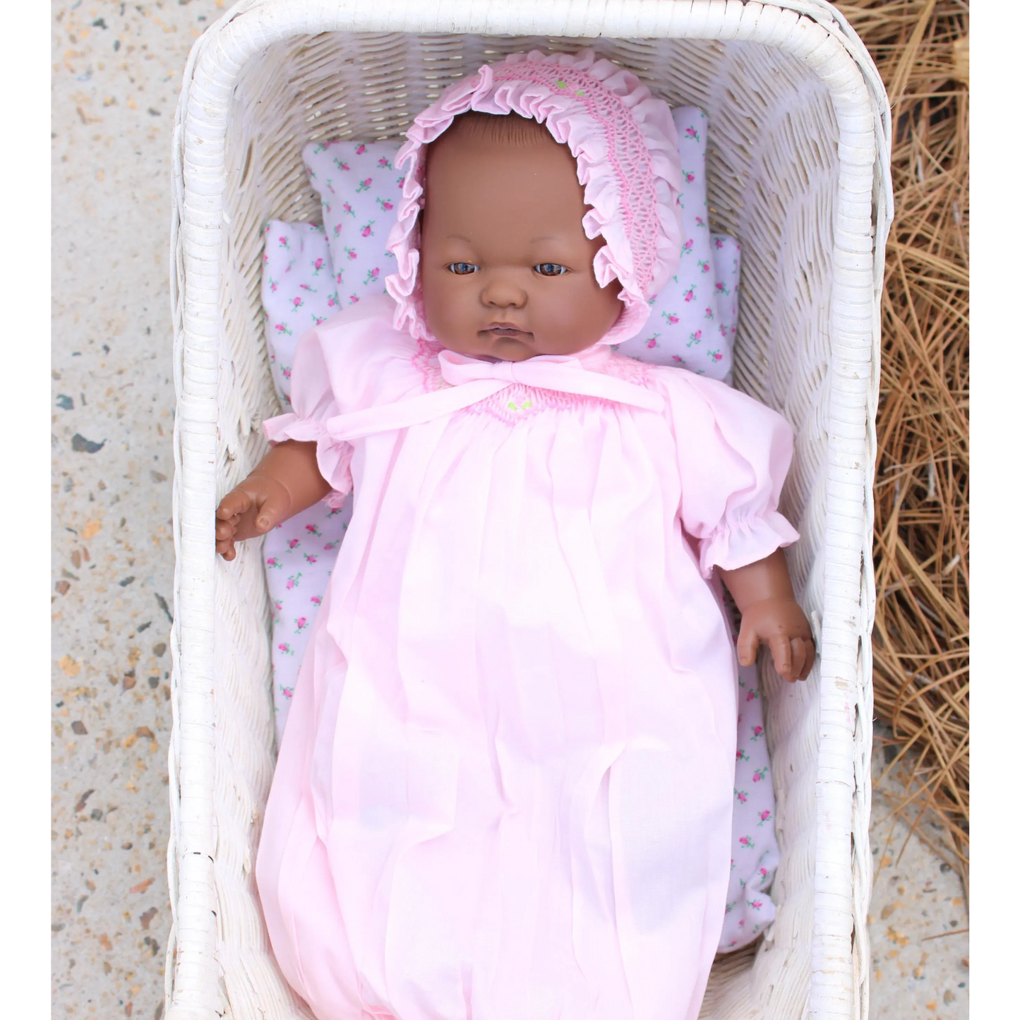 Rosalina Anita Bald with Brown Eyes 15" Doll w/ Pink Roselle Smocked Doll Dress & Bonnet