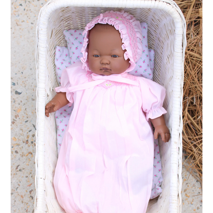 Rosalina Anita Bald with Brown Eyes 15" Doll w/ Pink Roselle Smocked Doll Dress & Bonnet