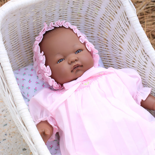 Rosalina Anita Bald with Brown Eyes 15" Doll w/ Pink Roselle Smocked Doll Dress & Bonnet