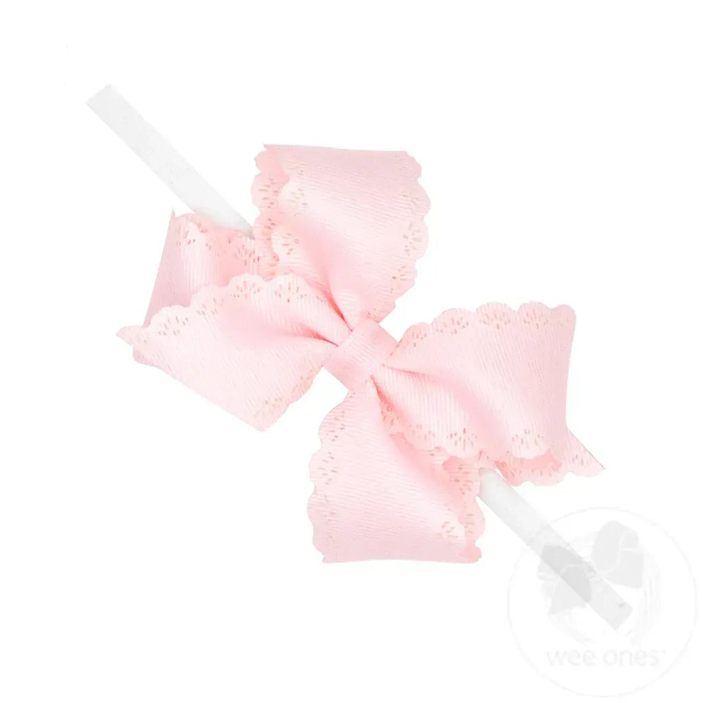 Wee Ones Small Grosgrain Hair Bow with Embossed Eyelet Edge on White Nylon Band