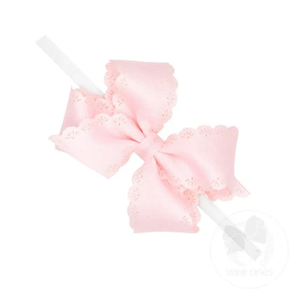 Wee Ones Small Grosgrain Hair Bow with Embossed Eyelet Edge on White Nylon Band