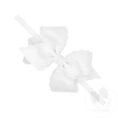 Wee Ones Small Grosgrain Hair Bow with Embossed Eyelet Edge on White Nylon Band