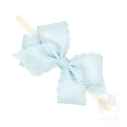 Wee Ones Small Grosgrain Hair Bow with Embossed Eyelet Edge on White Nylon Band