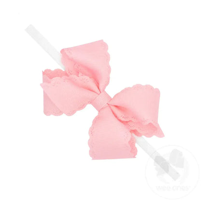 Wee Ones Small Grosgrain Hair Bow with Embossed Eyelet Edge on White Nylon Band