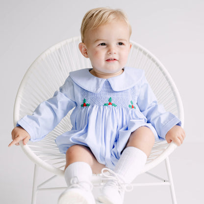 Boys Blue Smocked Holly Collared Bubble