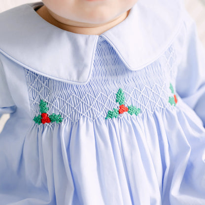 Boys Blue Smocked Holly Collared Bubble