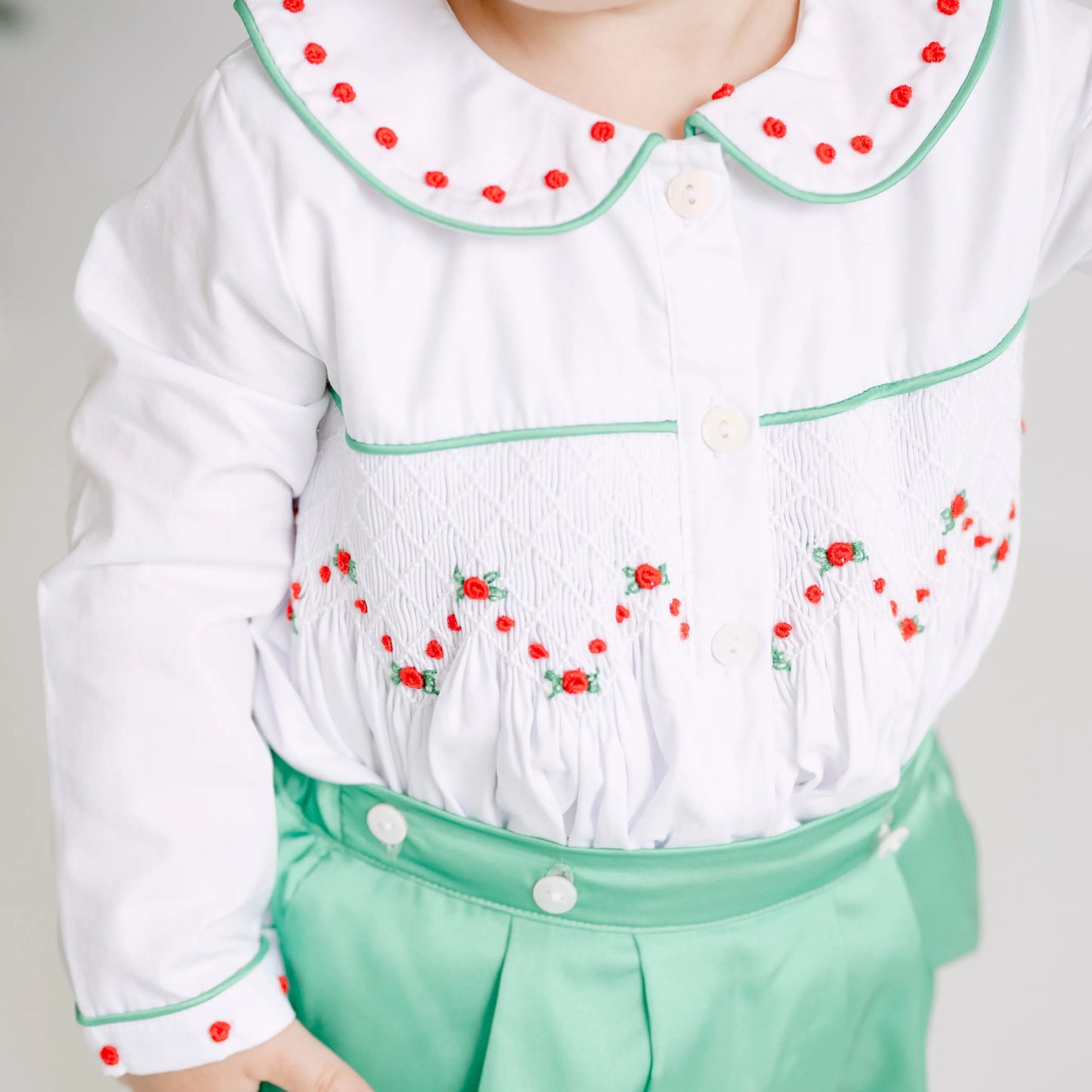 Boys Green Satin Rosette Smocked Button On Bubble