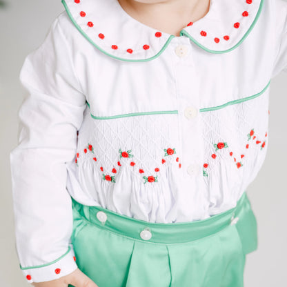 Boys Green Satin Rosette Smocked Button On Bubble
