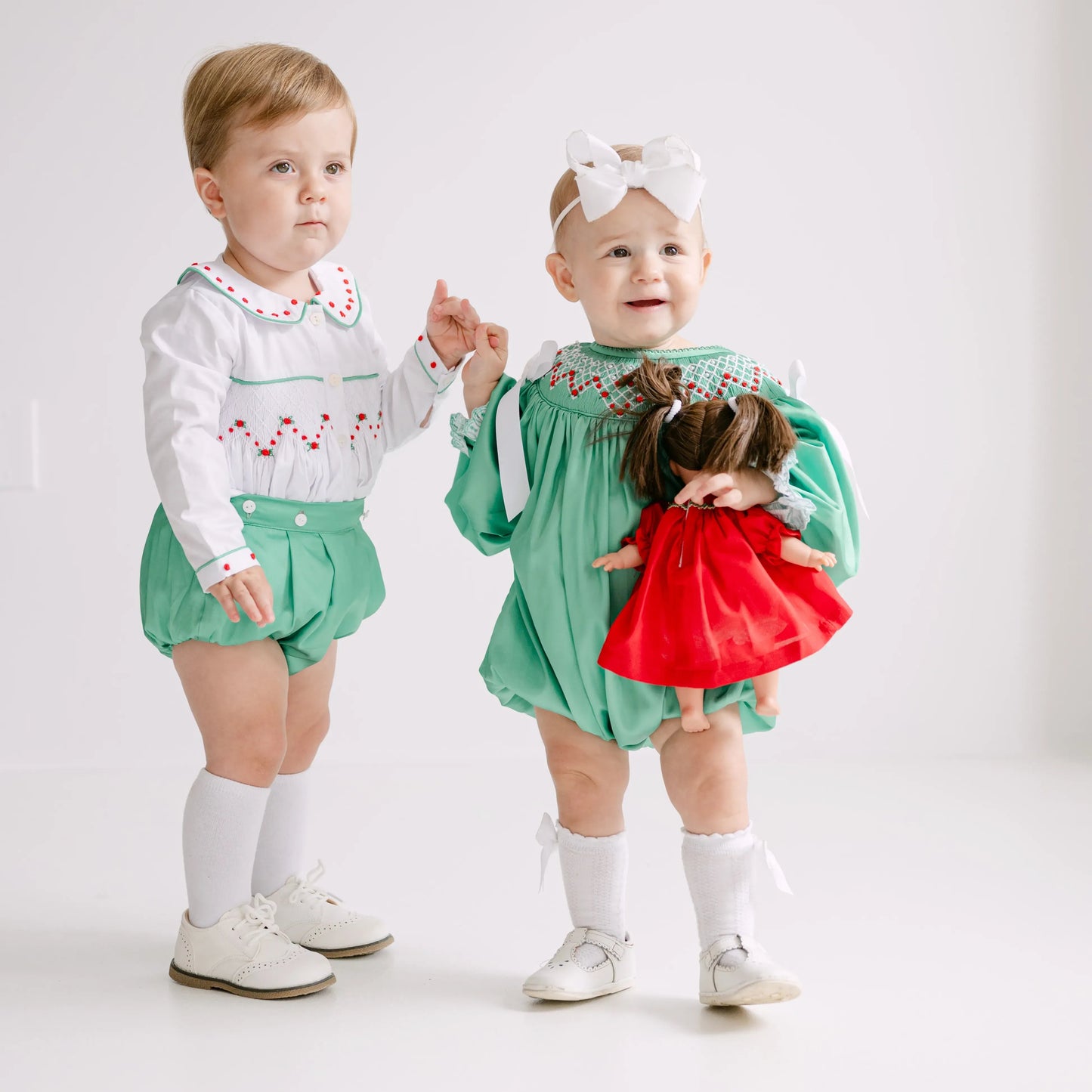 Boys Green Satin Rosette Smocked Button On Bubble