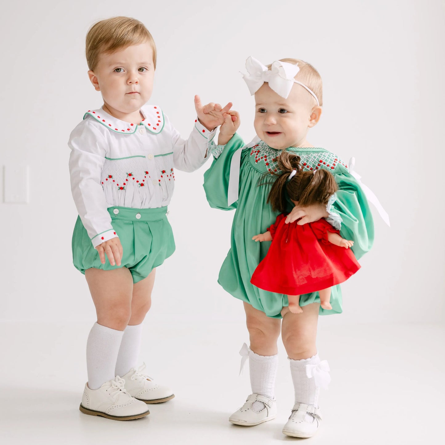 Boys Green Satin Rosette Smocked Button On Bubble