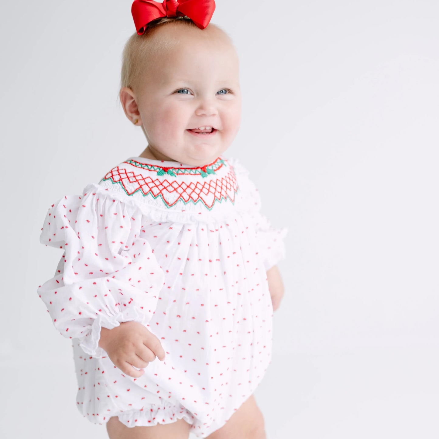 Classic Red & Green Swiss Dot Smocked Bishop Bubble