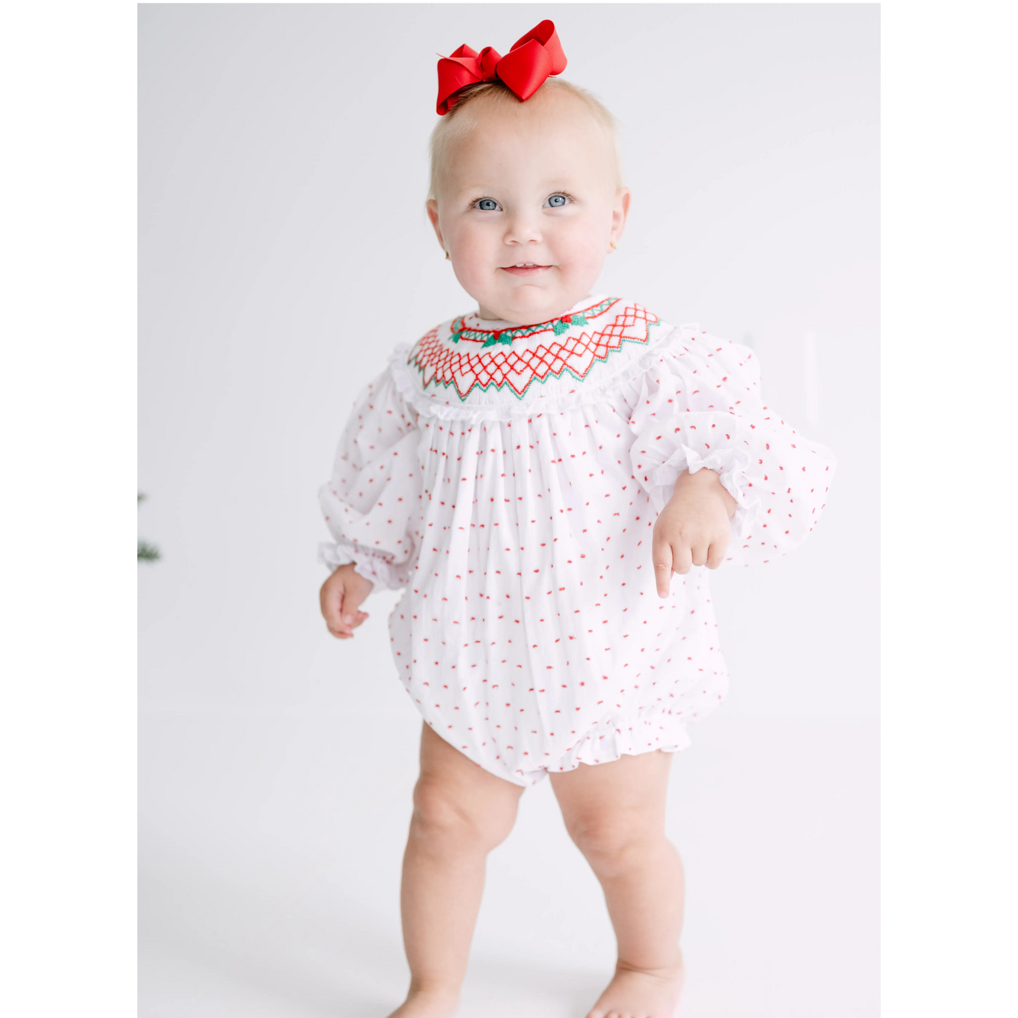 Classic Red & Green Swiss Dot Smocked Bishop Bubble