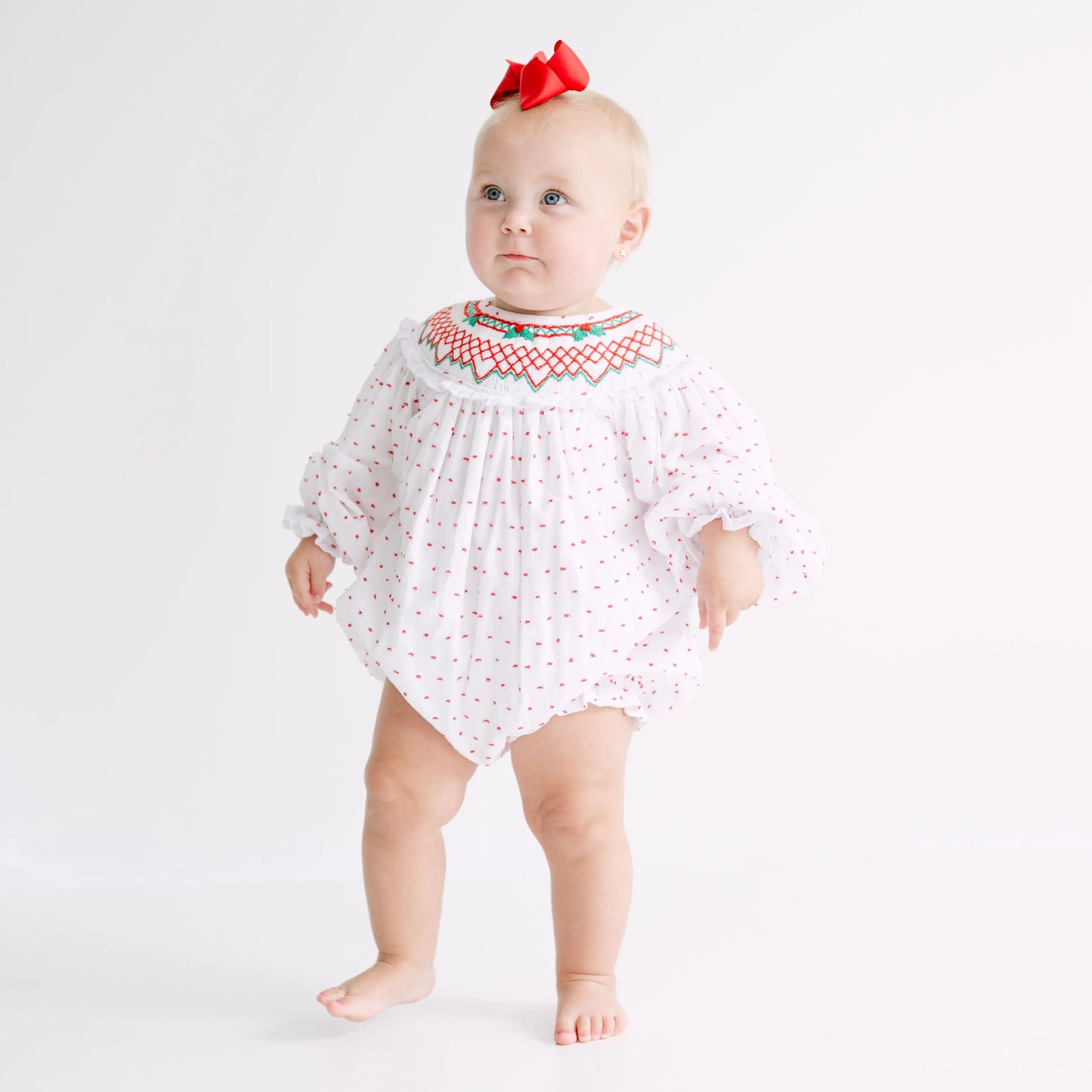 Classic Red & Green Swiss Dot Smocked Bishop Bubble