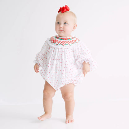 Classic Red & Green Swiss Dot Smocked Bishop Bubble