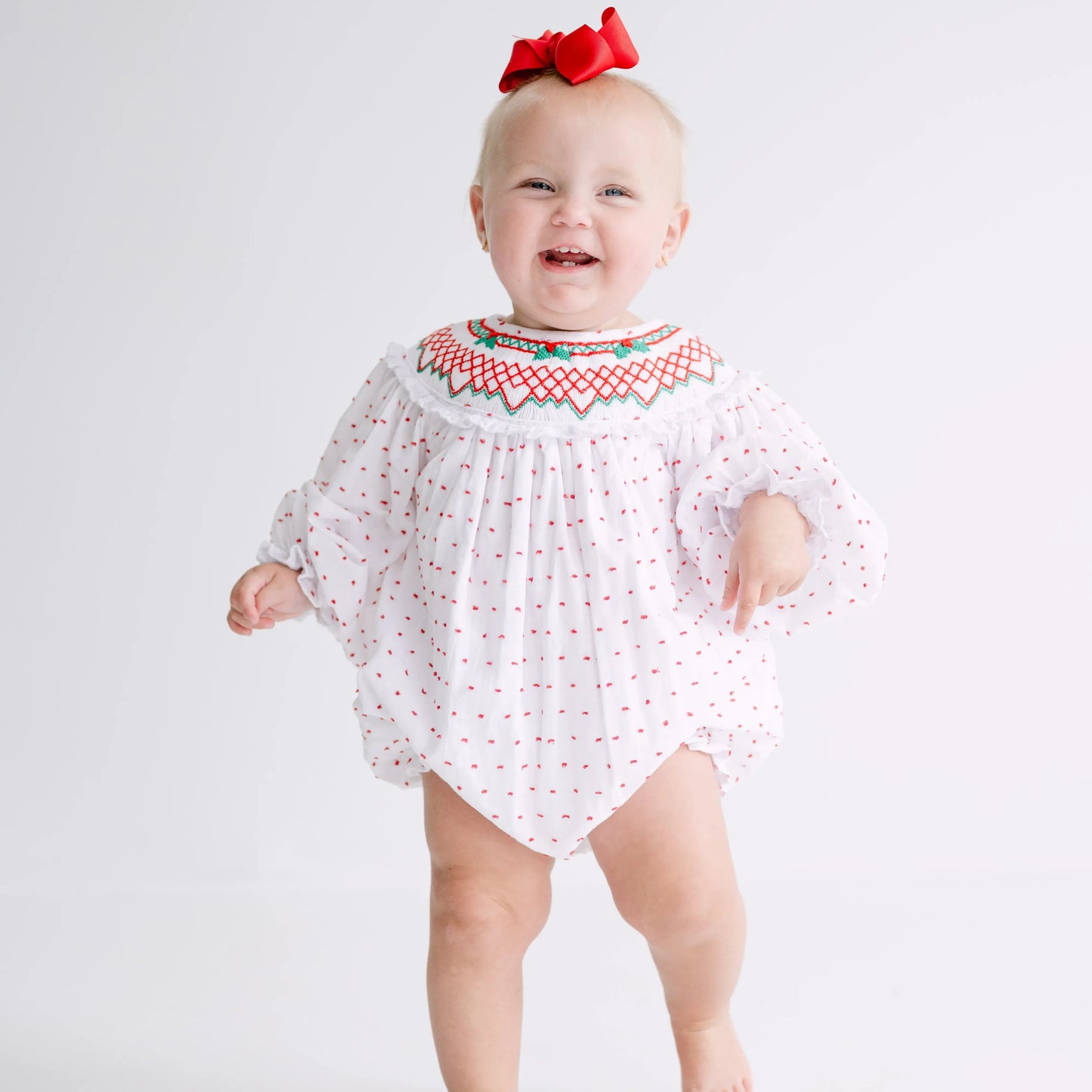 Classic Red & Green Swiss Dot Smocked Bishop Bubble