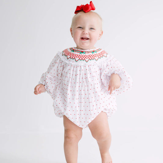 Classic Red & Green Swiss Dot Smocked Bishop Bubble