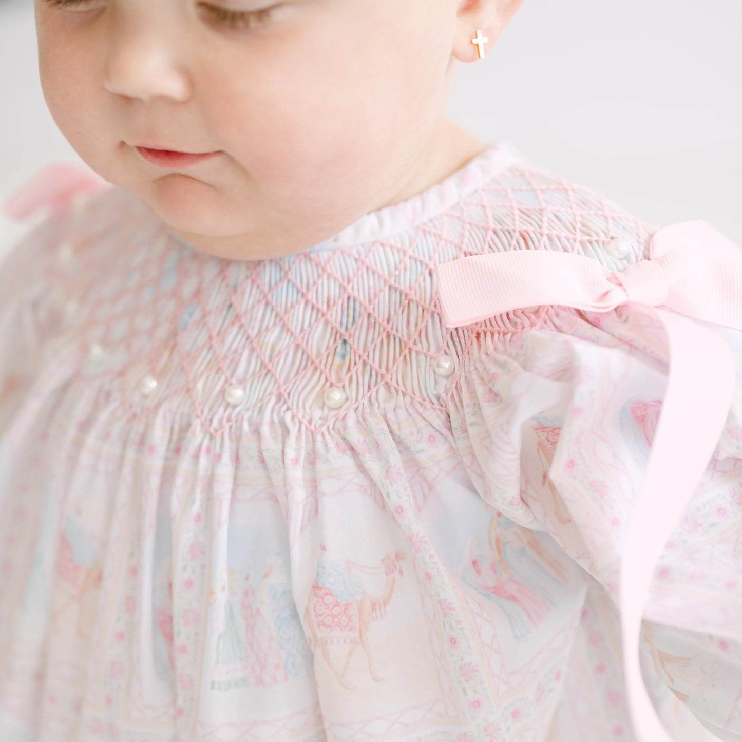 Nativity Geometric & Pearls Smocked Bishop Bubble