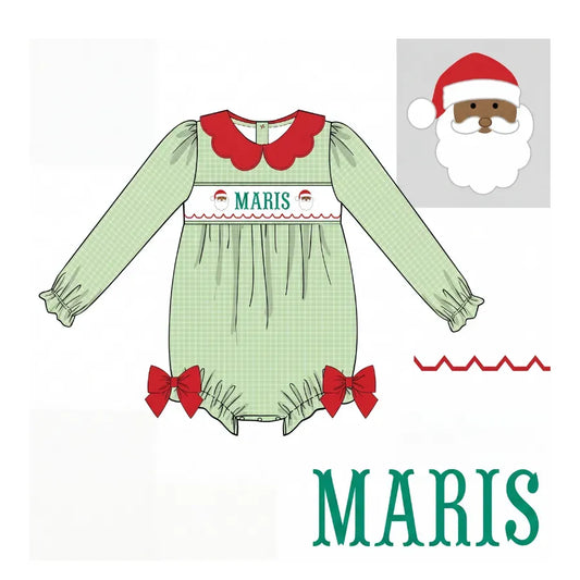 Girls Brown Santa Name Smocked Bubble