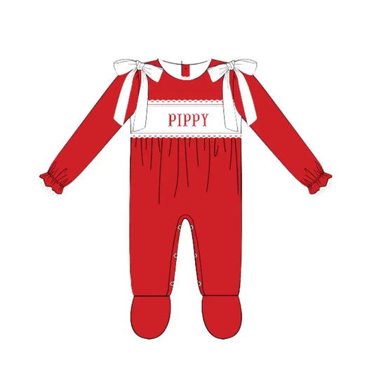 Girls Red Name Smocked Footie