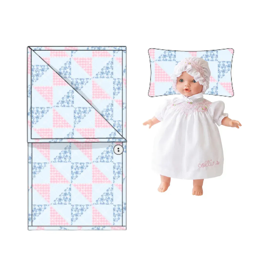Pink & Blue Patchwork Quilted Dolly Sleeping Bag