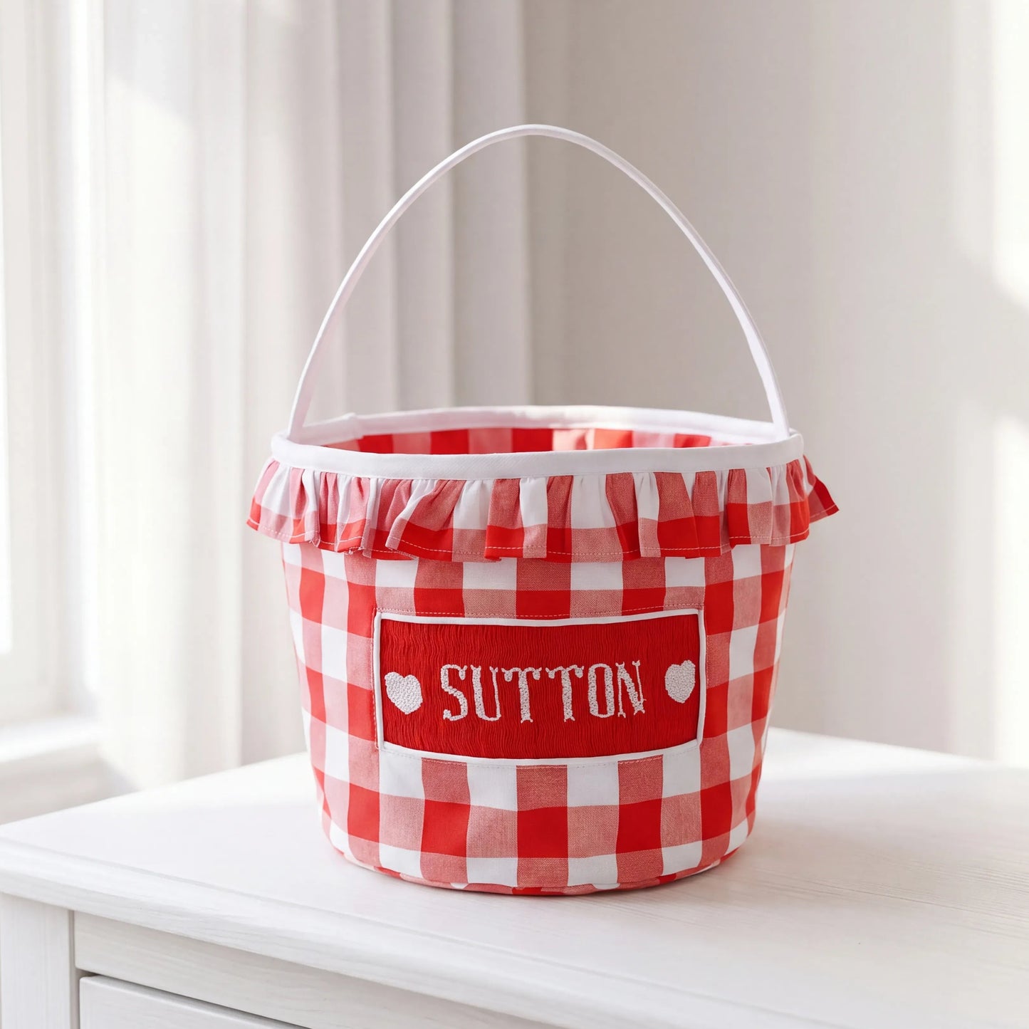 Girls Red Gingham Name Smocked Bucket