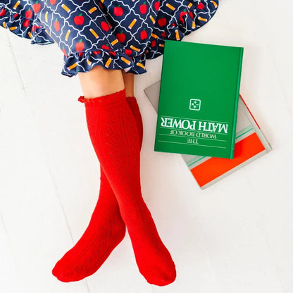 Bright Red Fancy Lace Top Knee High Socks
