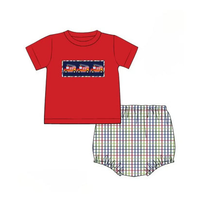 Primary Plaid Smocked Firetrucks Diaper Set