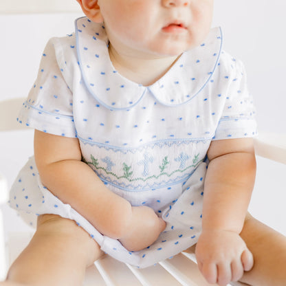 Boys Blue Swiss Dot Smocked Crosses Bubble