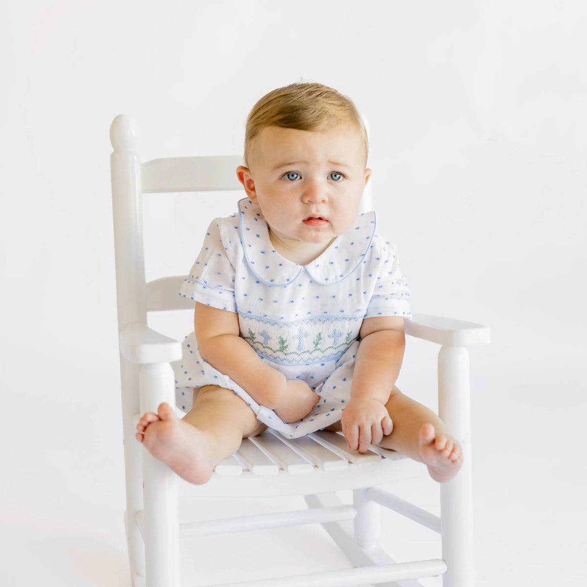 Boys Blue Swiss Dot Smocked Crosses Bubble