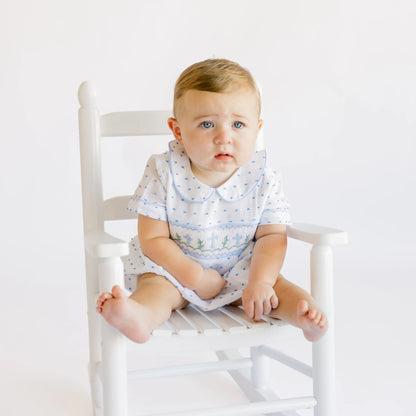 Boys Blue Swiss Dot Smocked Crosses Bubble