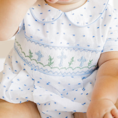 Boys Blue Swiss Dot Smocked Crosses Bubble
