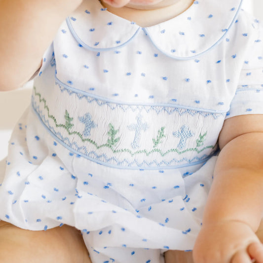 Boys Blue Swiss Dot Smocked Crosses Bubble