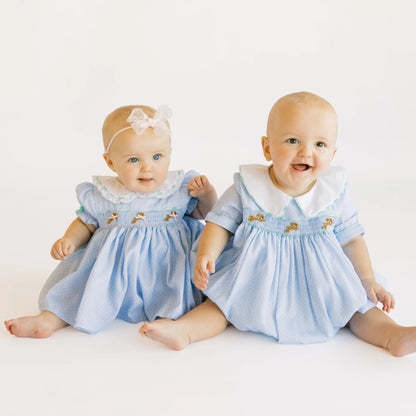 Blue Dot & Mint Smocked Bullion Bunny Skirted Bubble