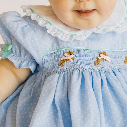 Blue Dot & Mint Smocked Bullion Bunny Skirted Bubble