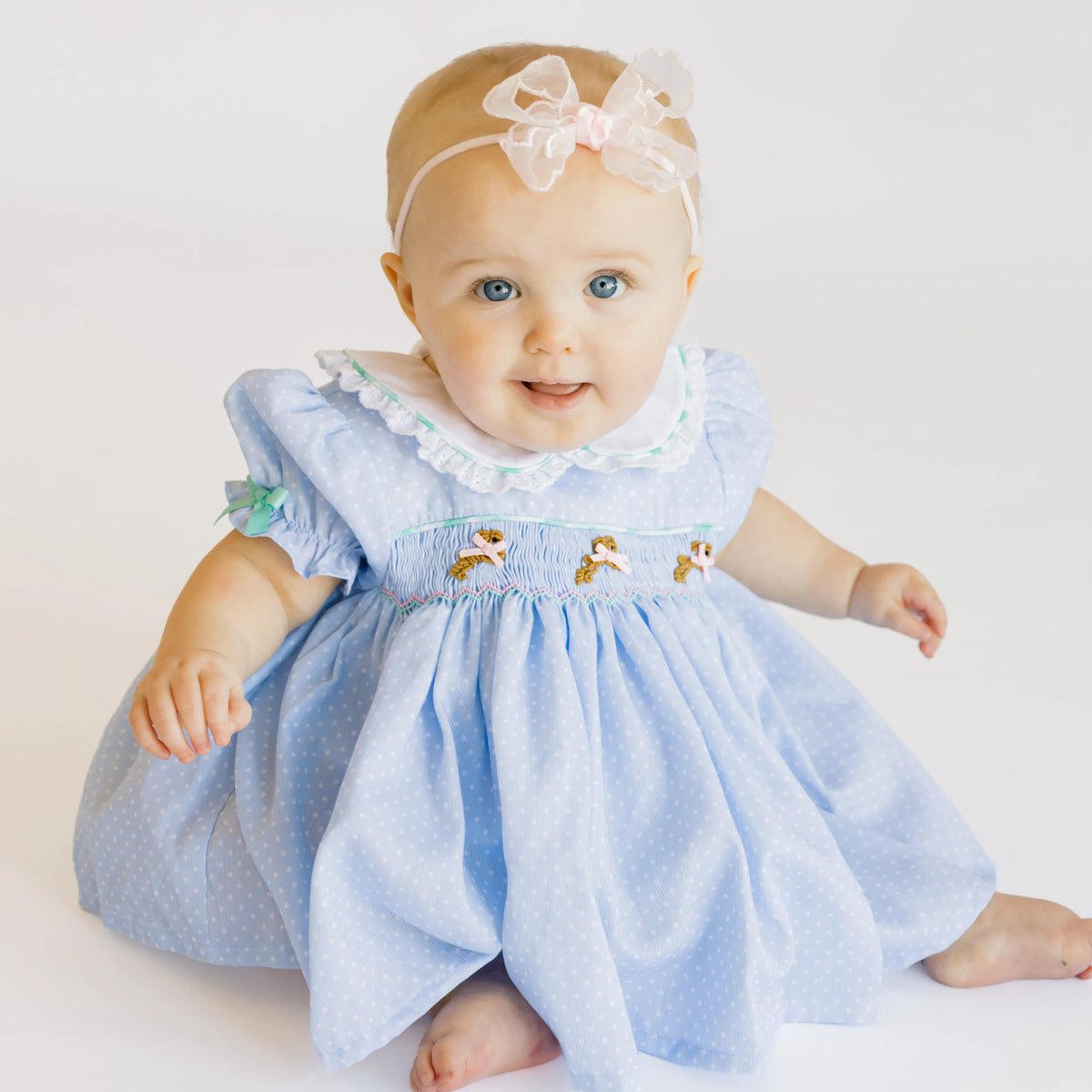 Blue Dot & Mint Smocked Bullion Bunny Skirted Bubble