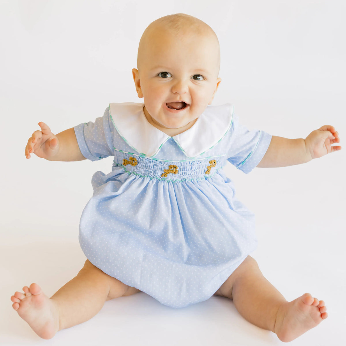 Boys Blue Dot & Mint Smocked Bullion Bunny Bubble