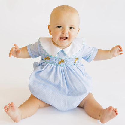Boys Blue Dot & Mint Smocked Bullion Bunny Bubble