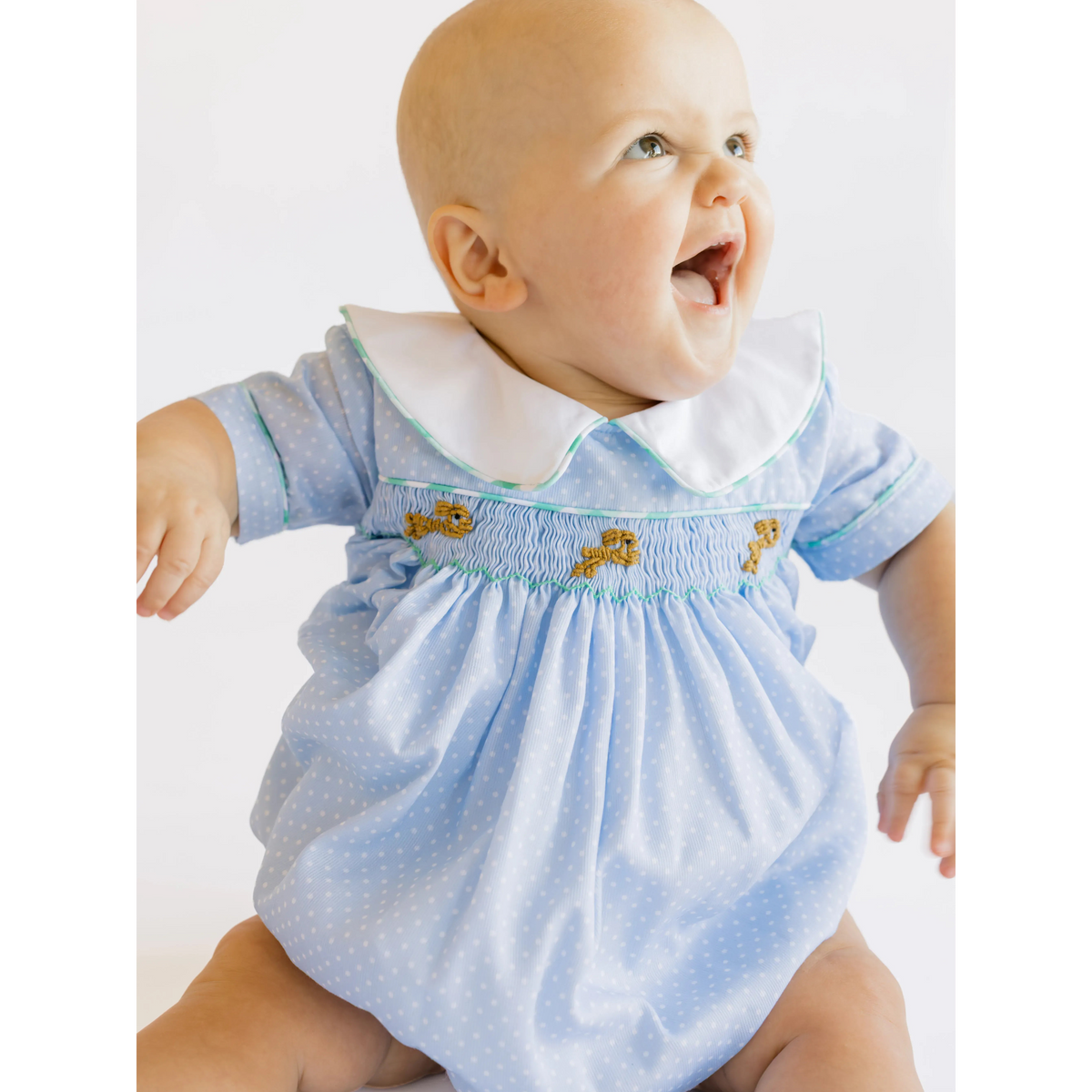 Boys Blue Dot & Mint Smocked Bullion Bunny Bubble