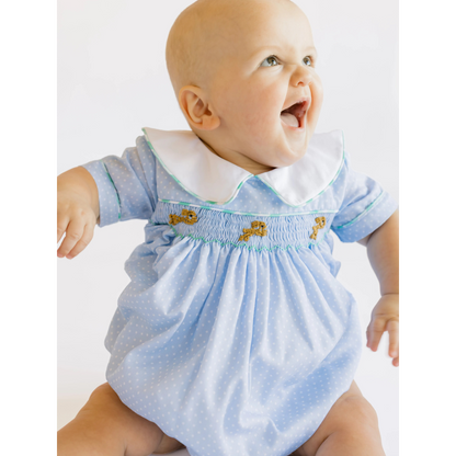Boys Blue Dot & Mint Smocked Bullion Bunny Bubble