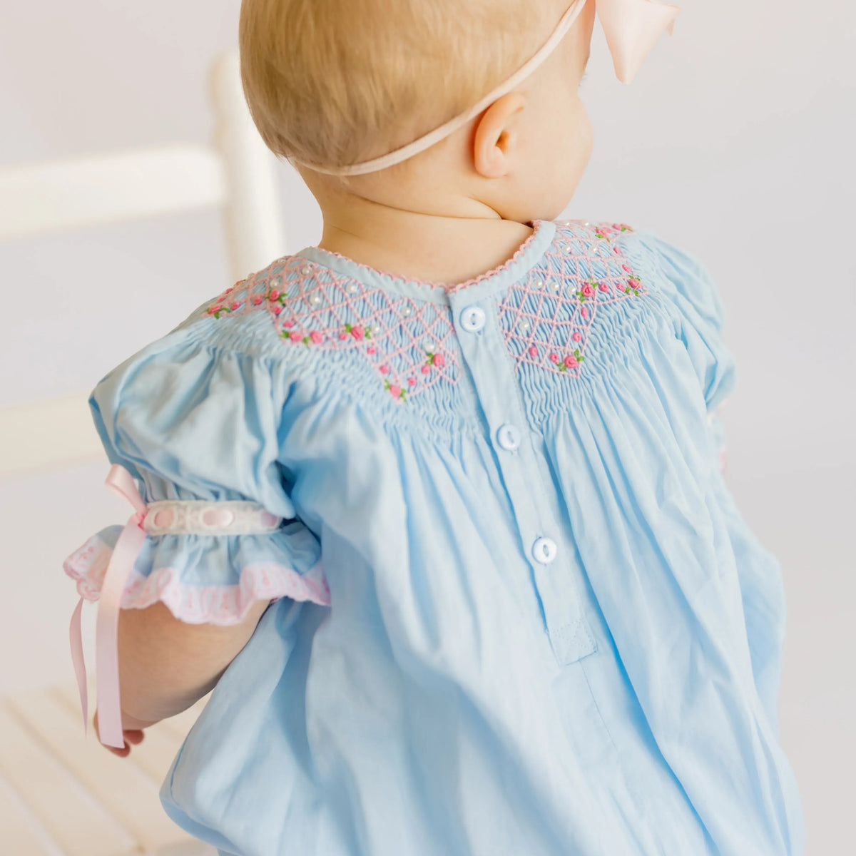 Blue Smocked Rosettes & Pearls  Bubble