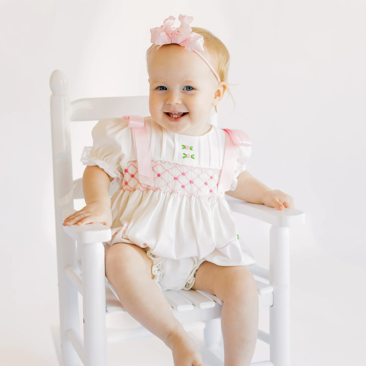 Pink & White Linen Smocked Rosette Bubble