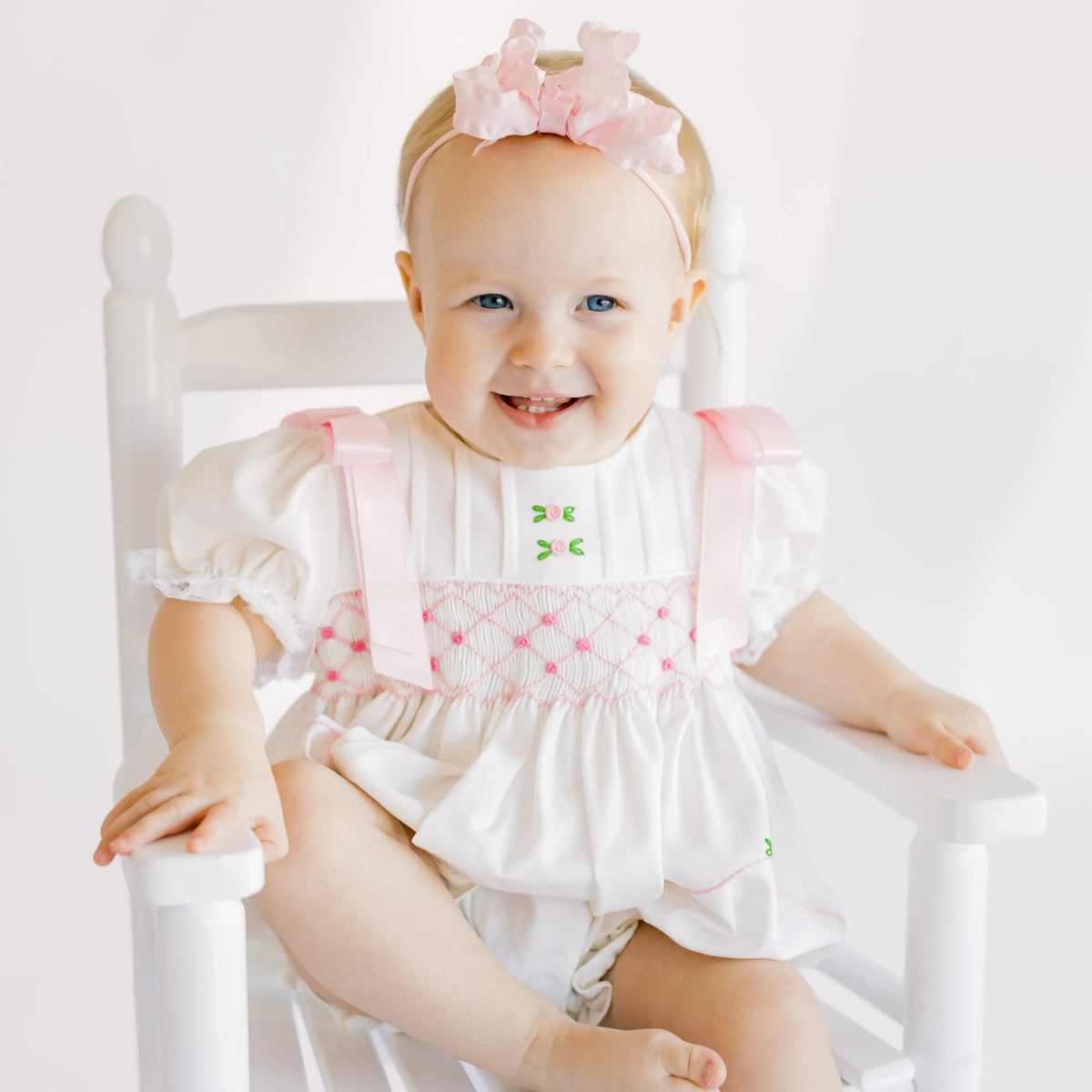 Pink & White Linen Smocked Rosette Bubble