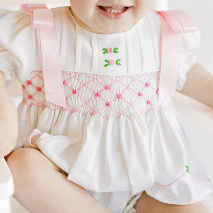 Pink & White Linen Smocked Rosette Bubble